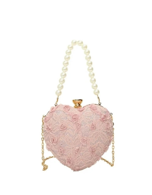 Load image into Gallery viewer, (Free Shipping)(Tariffs included in price) Luxury Lace Flower Heart Shape Pearl Handle Clutch Purse Diamond Evening Wedding Party Shoulder Bag Handle Rose Floral Handbags
