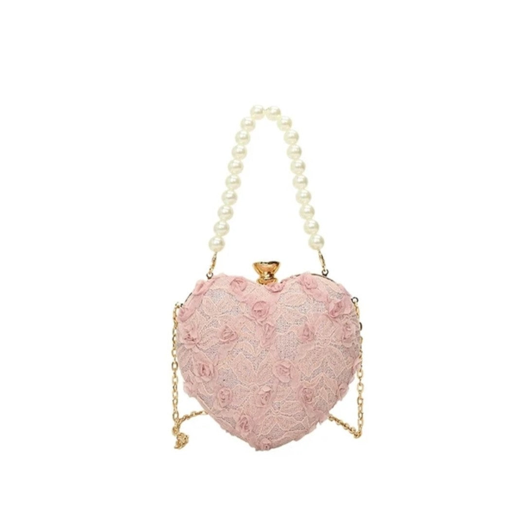 (Free Shipping)(Tariffs included in price) Luxury Lace Flower Heart Shape Pearl Handle Clutch Purse Diamond Evening Wedding Party Shoulder Bag Handle Rose Floral Handbags