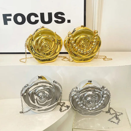 (Free Shipping)(Tariffs included in price) Luxury Acrylic Evening Bag for Women Fashionable Rose Flower Shaped Elegant Handbags Beads Chain Shoulder Cross Body
