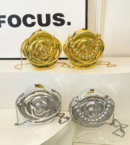 (Free Shipping)(Tariffs included in price) Luxury Acrylic Evening Bag for Women Fashionable Rose Flower Shaped Elegant Handbags Beads Chain Shoulder Cross Body