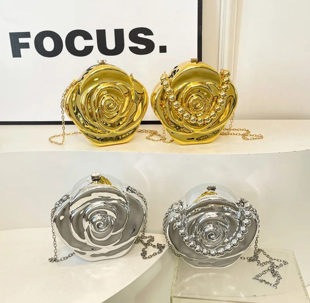 (Free Shipping)(Tariffs included in price) Luxury Acrylic Evening Bag for Women Fashionable Rose Flower Shaped Elegant Handbags Beads Chain Shoulder Cross Body