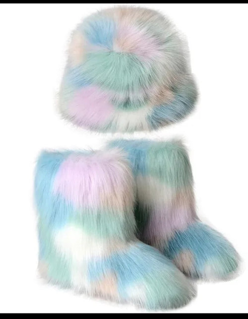 Load image into Gallery viewer, (Free Shipping)(Tariffs included in price) Winter Warm Women Fur Boot Woman Fluffy Faux Fur Fisherman Hat Set Ladies Plush Snow Boot
