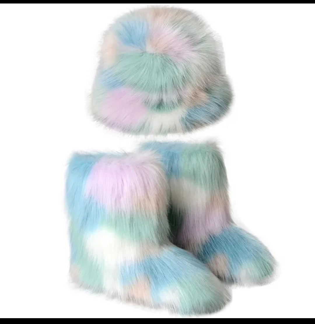 (Free Shipping)(Tariffs included in price) Winter Warm Women Fur Boot Woman Fluffy Faux Fur Fisherman Hat Set Ladies Plush Snow Boot
