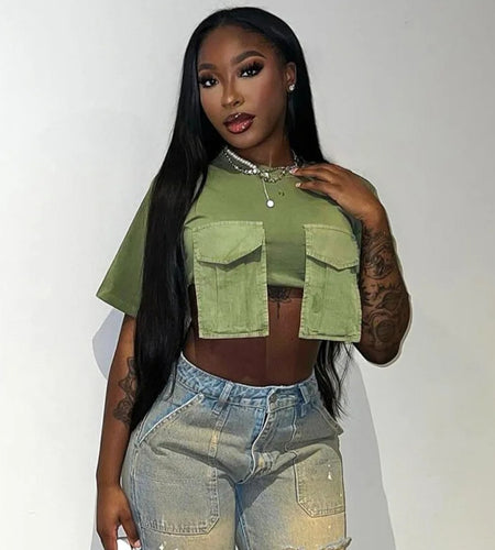 (Free Shipping)(Tariffs included in price) Solid Color O Neck Sexy Women Crop Tank Top oversized pockets