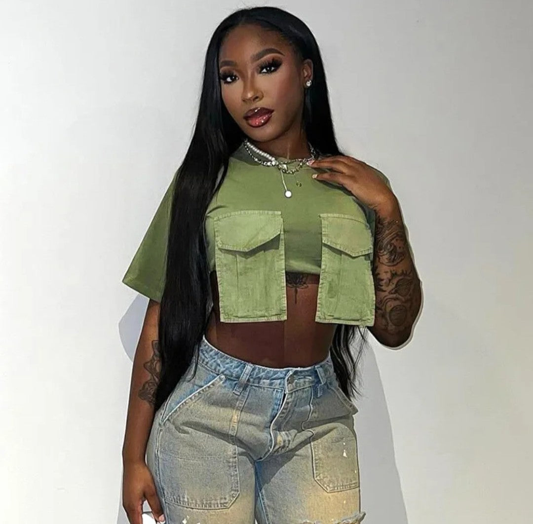 (Free Shipping)(Tariffs included in price) Solid Color O Neck Sexy Women Crop Tank Top oversized pockets