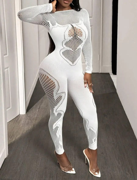 (Free Shipping)(Tariffs included in price)Autumn Fall Women Clothing Long Sleeve Hollow Out See Through Fitness Jumpsuit