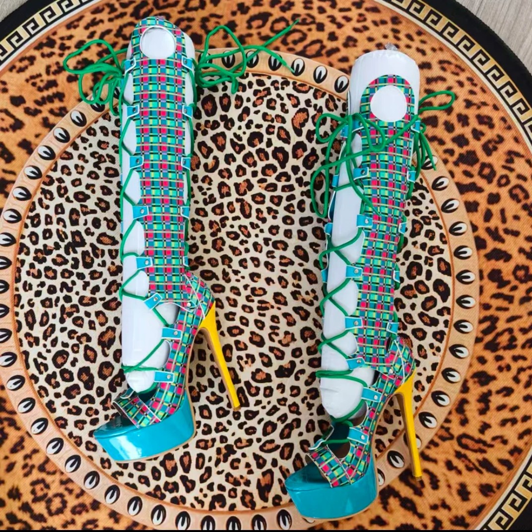 (Free Shipping) Summer Peep Toe Plaid Print Platform Knee High Boots Women's Lace Up Sandals High Heeled Long Cut Out