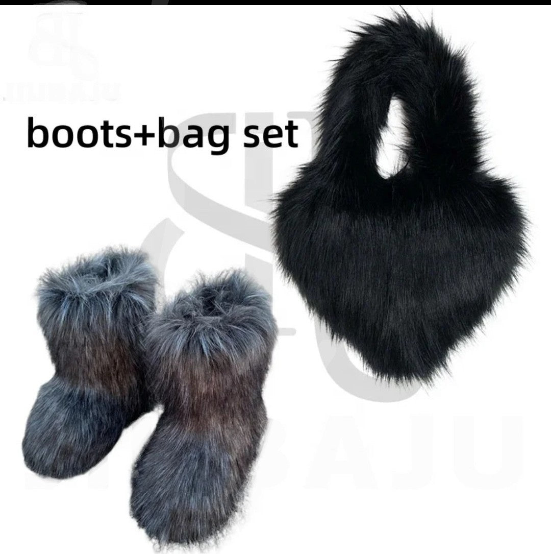 (Free Shipping)(Tariffs included in price) Girls Fluffy Faux Fox Fur Boots Winter Woman Plush Warm Snow Bootas Luxury Footwear Furry Fur Boots