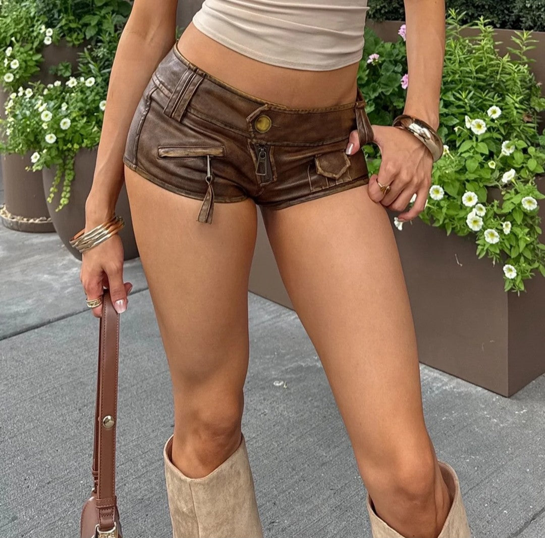 (Free Shipping)(Tariffs included in price) Pu Leather Brown Casual Sexy Mini Shorts