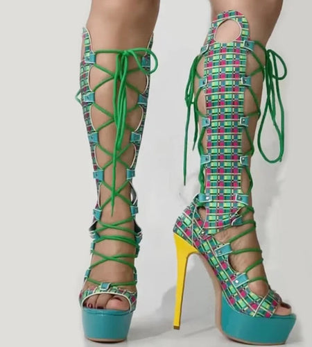 (Free Shipping) Summer Peep Toe Plaid Print Platform Knee High Boots Women's Lace Up Sandals High Heeled Long Cut Out