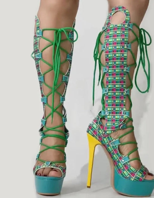 Load image into Gallery viewer, (Free Shipping) Summer Peep Toe Plaid Print Platform Knee High Boots Women's Lace Up Sandals High Heeled Long Cut Out
