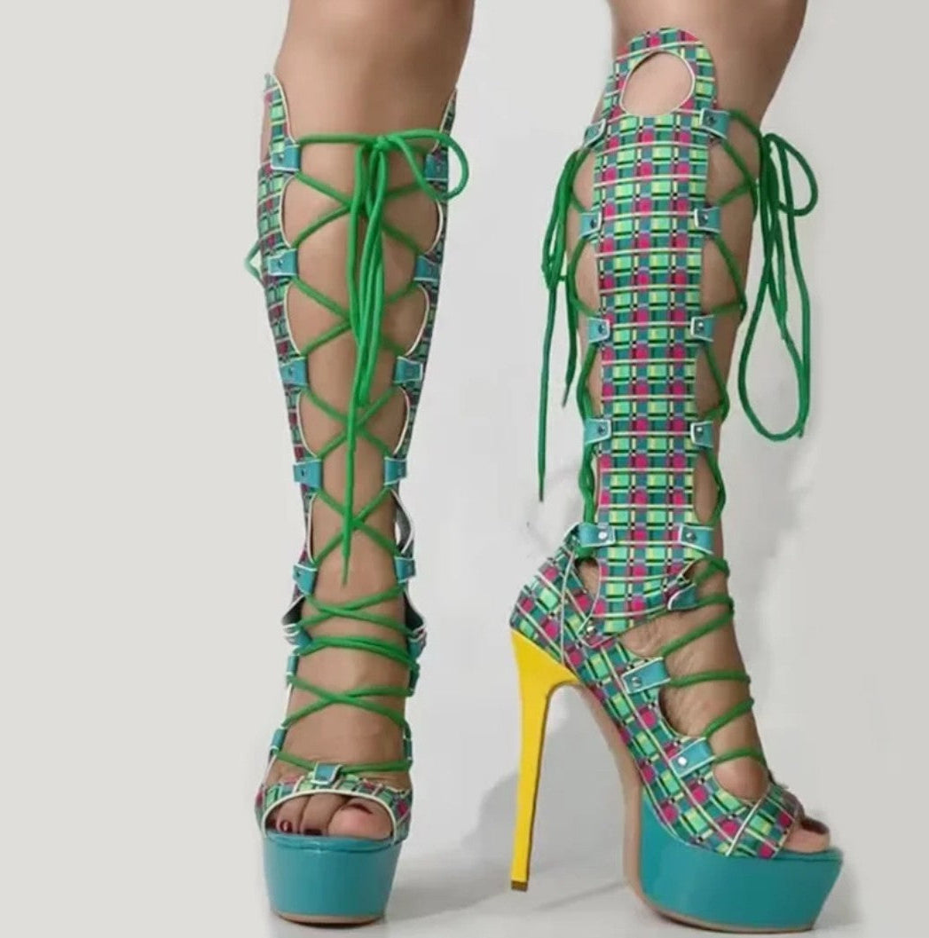 (Free Shipping) Summer Peep Toe Plaid Print Platform Knee High Boots Women's Lace Up Sandals High Heeled Long Cut Out