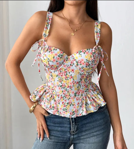 (Free Shipping)(Tariffs included in price) Floral Print Adjustable Corset Top Boned Bustier Lace-up with Removable padding Corset