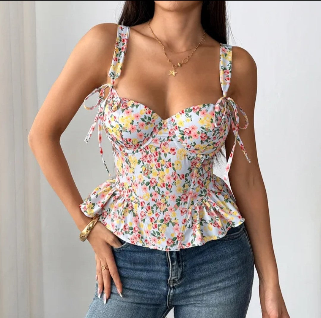 (Free Shipping)(Tariffs included in price) Floral Print Adjustable Corset Top Boned Bustier Lace-up with Removable padding Corset