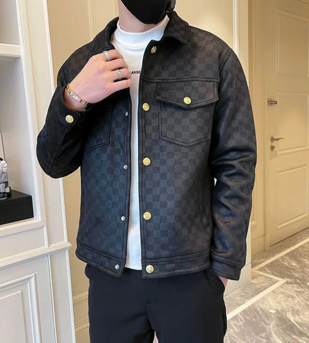 (Free Shipping)(Tariffs included in price)Autumn Winter Suede Plaid Jacket for Men Lapel Slim Fit Casual Business Bomber Jacket Social Streetwear Windbreaker Coat