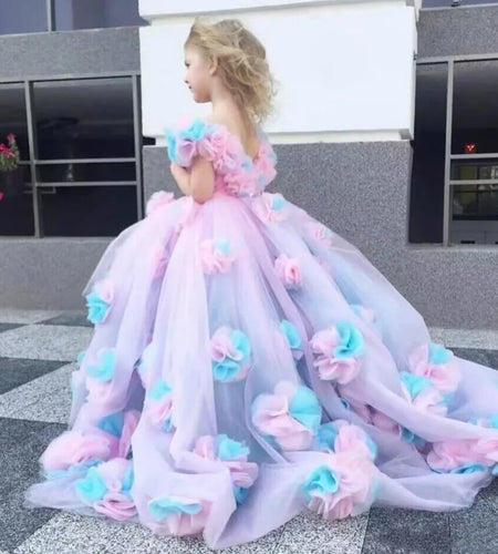 (Free Shipping)(Tariffs included in price) Purple Flower Dress off shoulder floor length Puffy 3D Princess Kid Birthday First Communion Gown