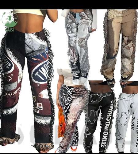 (Free Shipping)(Tariffs included in price) Hot Tassel Print Pants For  Women High Waist Skinny Straight Pants Casual Vintage Long Trousers