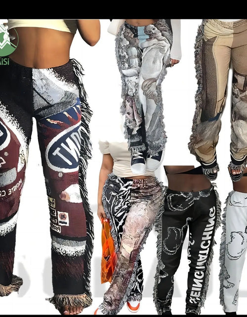 Load image into Gallery viewer, (Free Shipping)(Tariffs included in price) Hot Tassel Print Pants For  Women High Waist Skinny Straight Pants Casual Vintage Long Trousers
