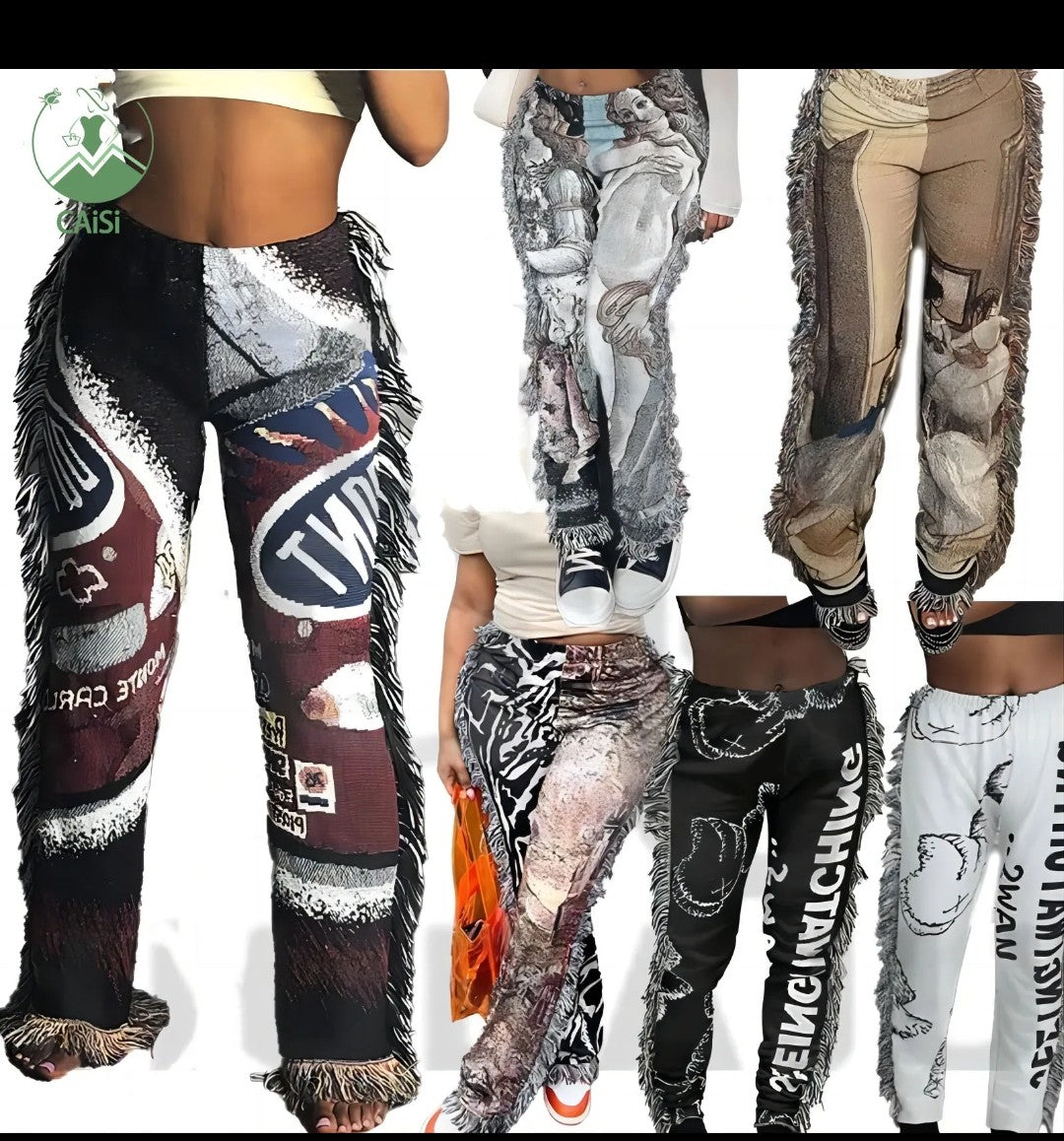 (Free Shipping)(Tariffs included in price) Hot Tassel Print Pants For  Women High Waist Skinny Straight Pants Casual Vintage Long Trousers