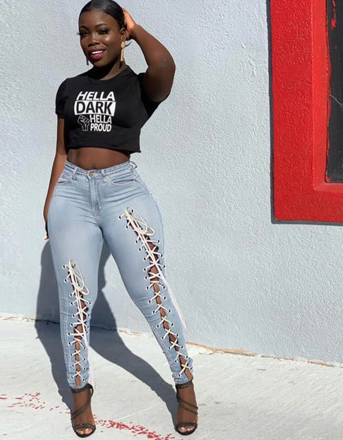 Load image into Gallery viewer, (Free Shipping)(Tariffs included in price) High waist plus size woman jeans eyelet bandage fashion tiny leg women skinny jeans
