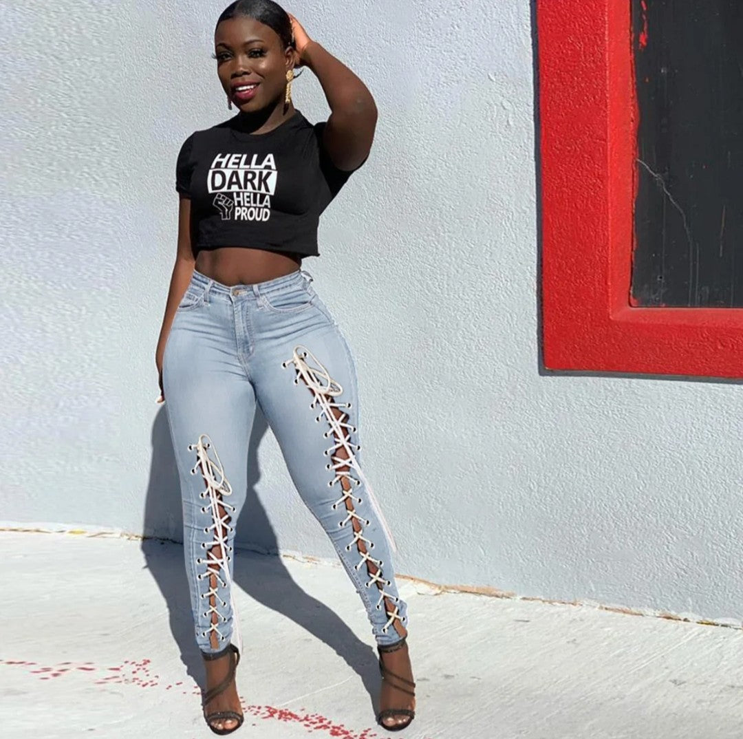 (Free Shipping)(Tariffs included in price) High waist plus size woman jeans eyelet bandage fashion tiny leg women skinny jeans