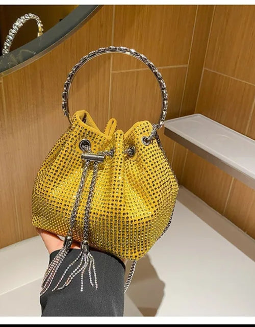 Load image into Gallery viewer, (Free Shipping)(Tariffs included in price) Women's Rhinestone Bucket Handbag With Zipper Enclosure Circular Metal Handle With Cross Body Chain
