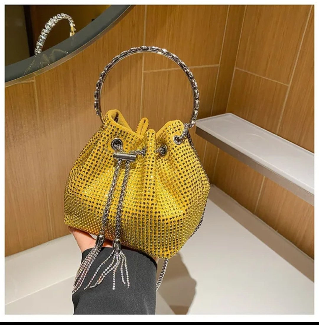 (Free Shipping)(Tariffs included in price) Women's Rhinestone Bucket Handbag With Zipper Enclosure Circular Metal Handle With Cross Body Chain