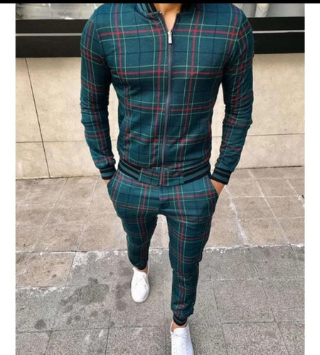 (Free Shipping)(Tariffs included in price) Men's Fashion Printed Comfortable Plaid Jogging Suit Casual Leisure Sports Set