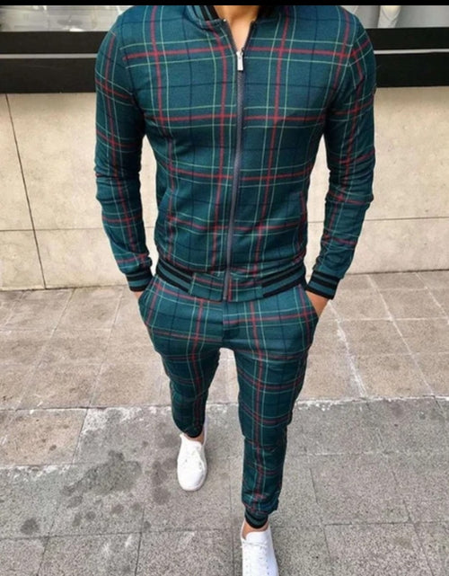 Load image into Gallery viewer, (Free Shipping)(Tariffs included in price) Men's Fashion Printed Comfortable Plaid Jogging Suit Casual Leisure Sports Set
