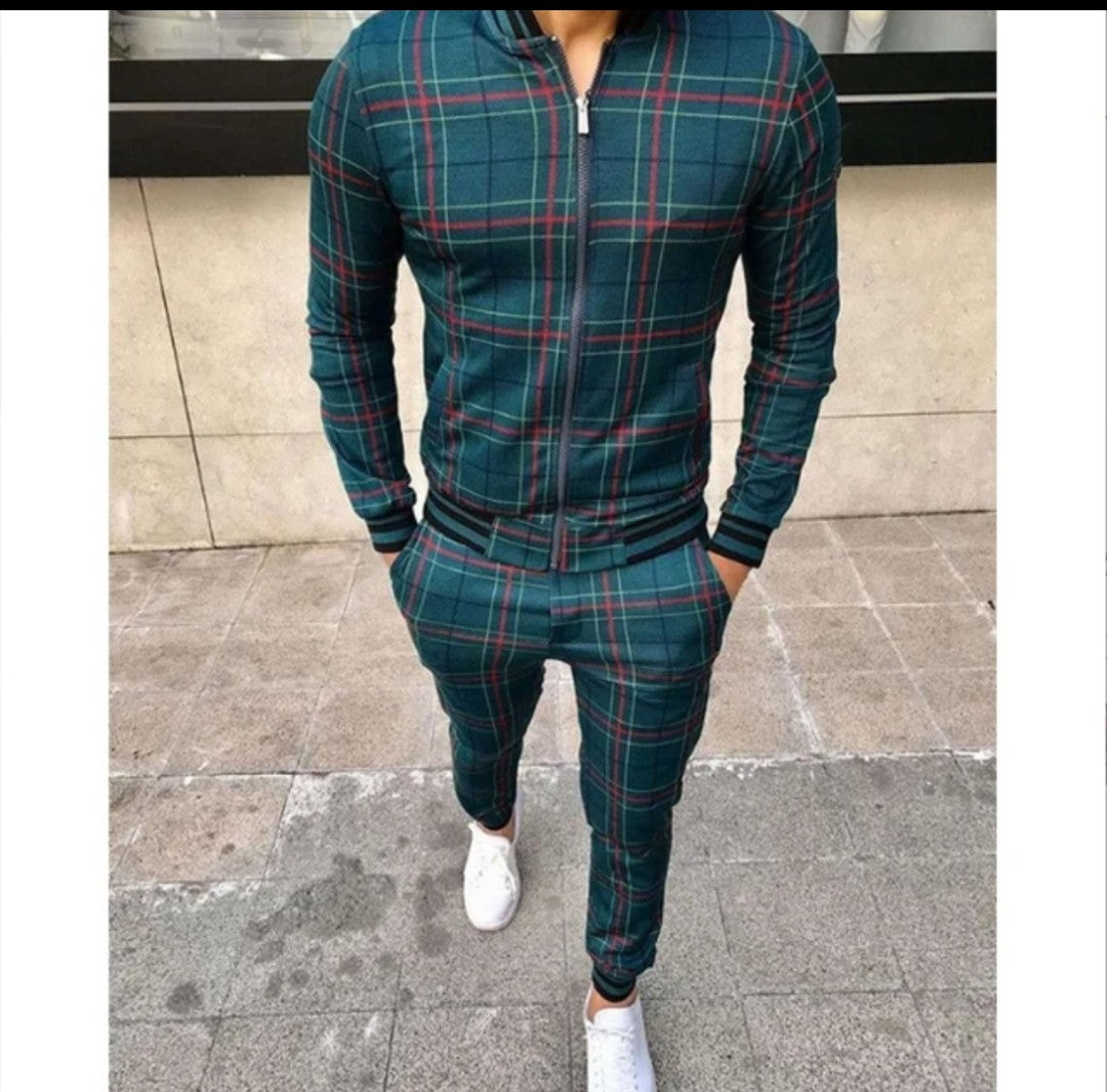 (Free Shipping)(Tariffs included in price) Men's Fashion Printed Comfortable Plaid Jogging Suit Casual Leisure Sports Set
