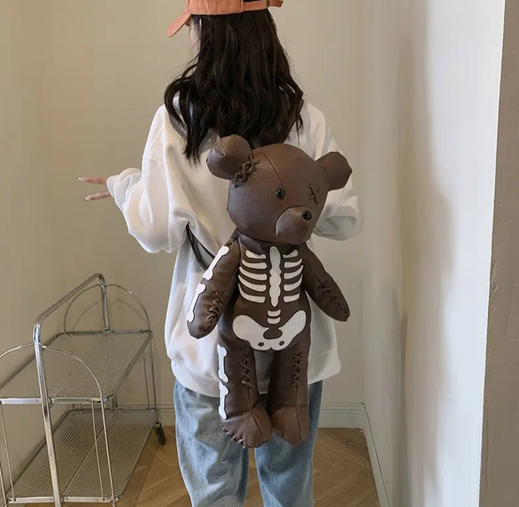(Free Shipping)(Tariffs included in price) Funny Skeleton Bear Backpack PU Leather Artistic Personality Thriller Single Shoulder Crossbody Backpack Halloween Backpacks