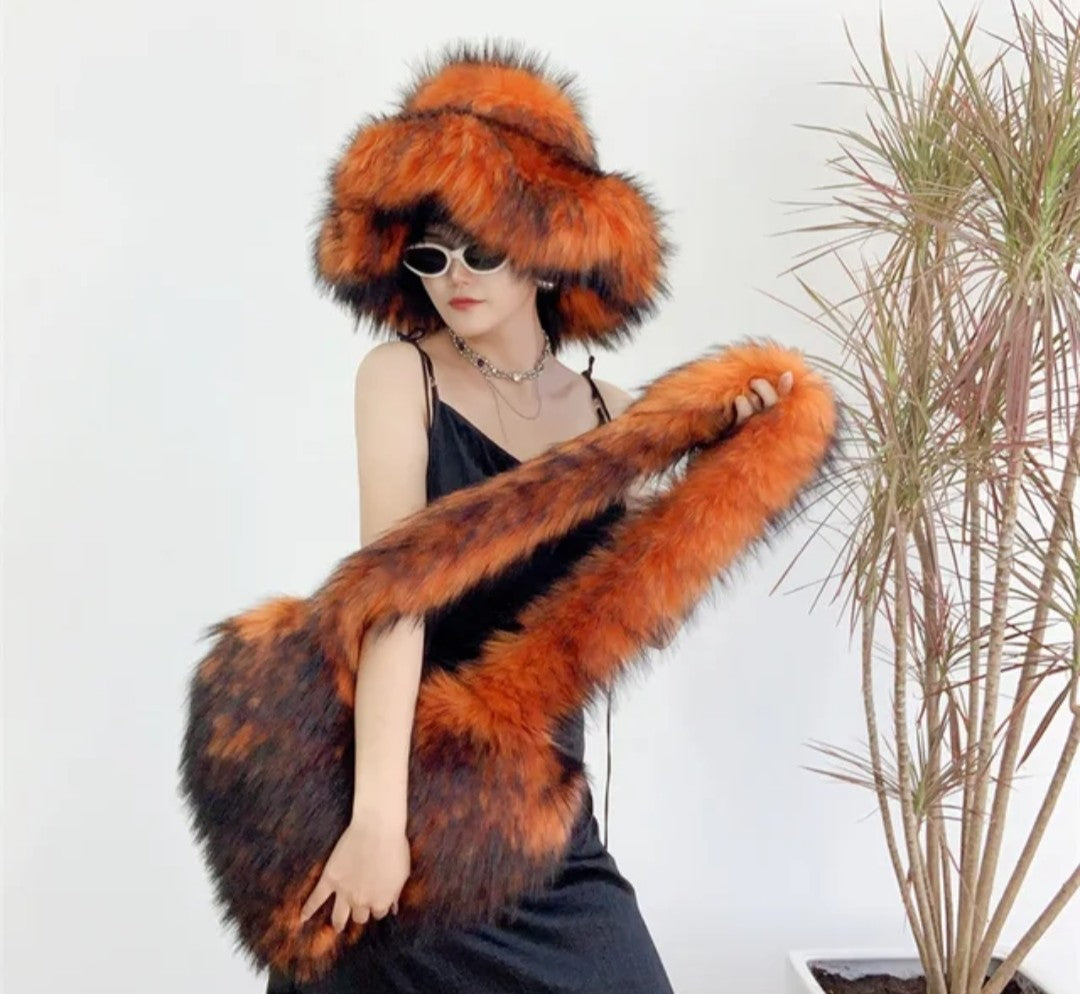 (Free Shipping)(Tariffs included in price)Designer Women's Luxury Furry Racoon Handbag Faux Fur Hat and Bag