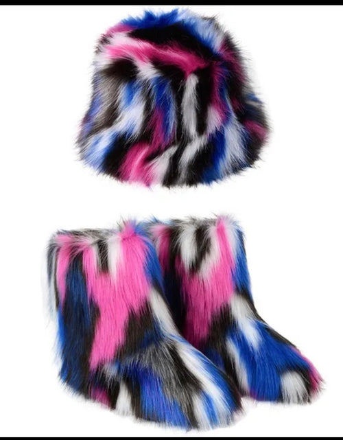 Load image into Gallery viewer, (Free Shipping)(Tariffs included in price) Winter Warm Women Fur Boot Woman Fluffy Faux Fur Fisherman Hat Set Ladies Plush Snow Boot
