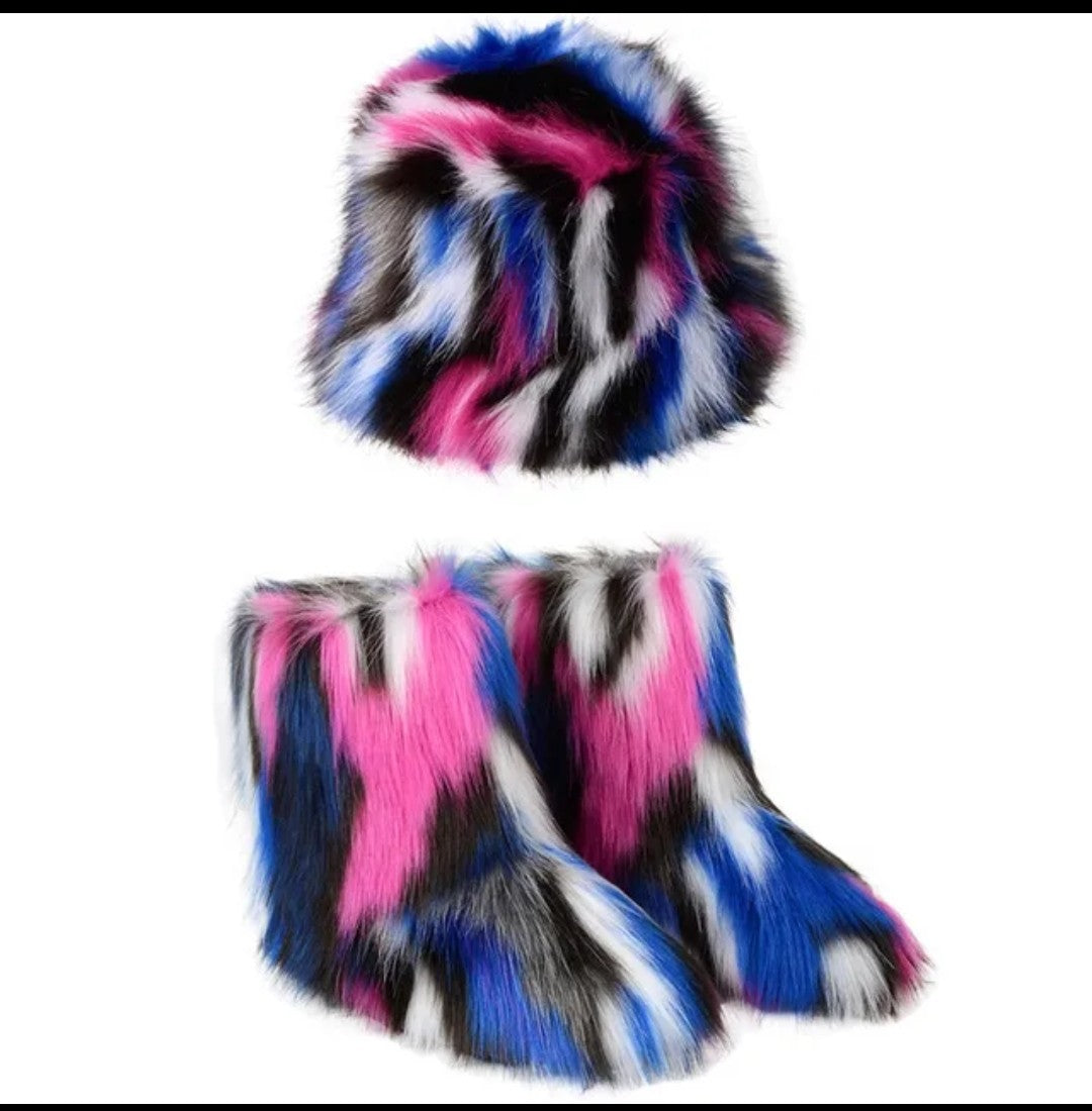 (Free Shipping)(Tariffs included in price) Winter Warm Women Fur Boot Woman Fluffy Faux Fur Fisherman Hat Set Ladies Plush Snow Boot