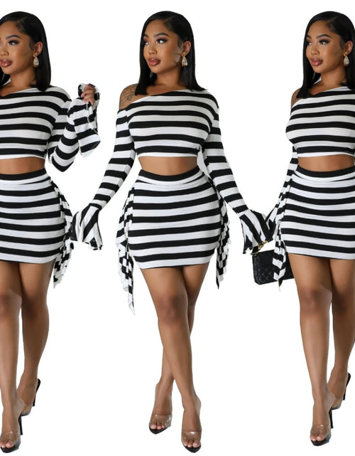 Load image into Gallery viewer, (Free Shipping)(Tariffs included in price) New Shoulder Flare Sleeve Fringe Skirt Black and White Stripe Two-piece Set
