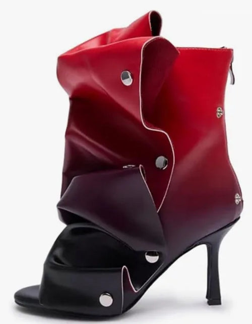 Load image into Gallery viewer, (Free Shipping) Summer Squared Open Toe High Heeled Short Boots Denim Colorful Plaid Ankle Pleated Upper Sandal Shoes
