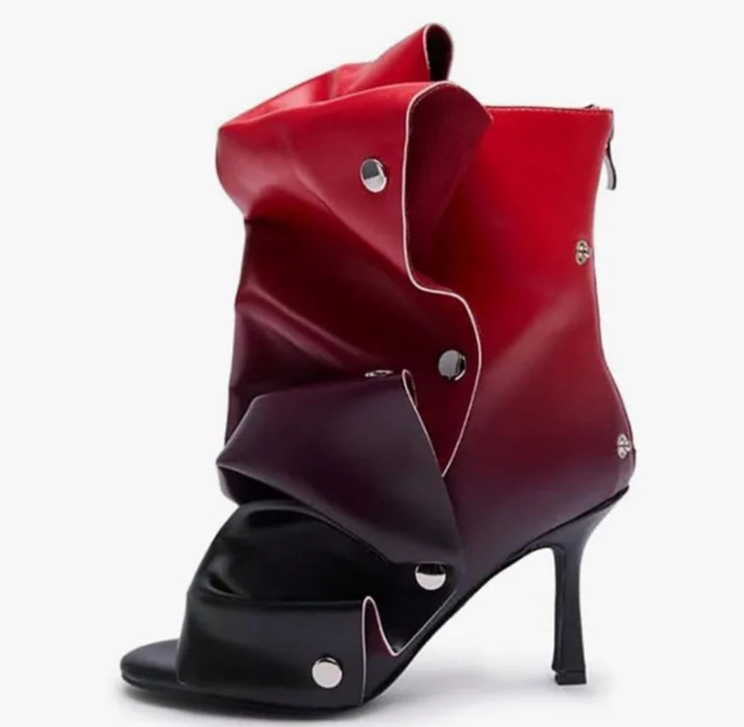 (Free Shipping) Summer Squared Open Toe High Heeled Short Boots Denim Colorful Plaid Ankle Pleated Upper Sandal Shoes
