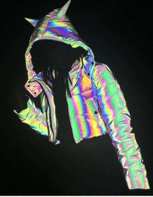 Load image into Gallery viewer, (Free Shipping)(Tariffs included in price) Winter Wear Crop Top Holographic Reflective Women Padding Jacket With Hood
