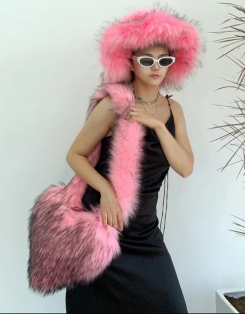 Load image into Gallery viewer, (Free Shipping)(Tariffs included in price)Designer Women's Luxury Furry Racoon Handbag Faux Fur Hat and Bag

