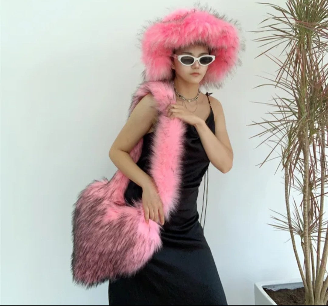 (Free Shipping)(Tariffs included in price)Designer Women's Luxury Furry Racoon Handbag Faux Fur Hat and Bag