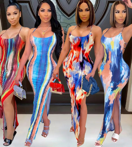 (Tariffs included in price) Summer dress features a color-blocking tie-dye print, crafted from eco-friendly and anti-wrinkle spandex material with a sleeveless silhouette and straight hem.