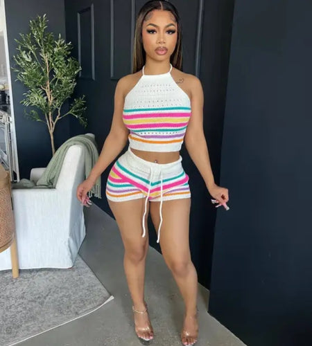 (Free Shipping)(Tariffs included in price) Summer 2Pcs for Women Striped Sleeveless Top & Drawstring High Waist Shorts Set