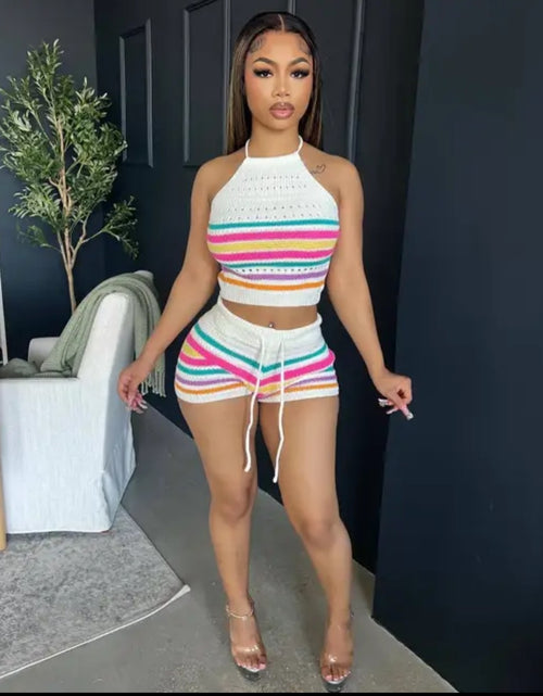 Load image into Gallery viewer, (Free Shipping)(Tariffs included in price) Summer 2Pcs for Women Striped Sleeveless Top &amp; Drawstring High Waist Shorts Set
