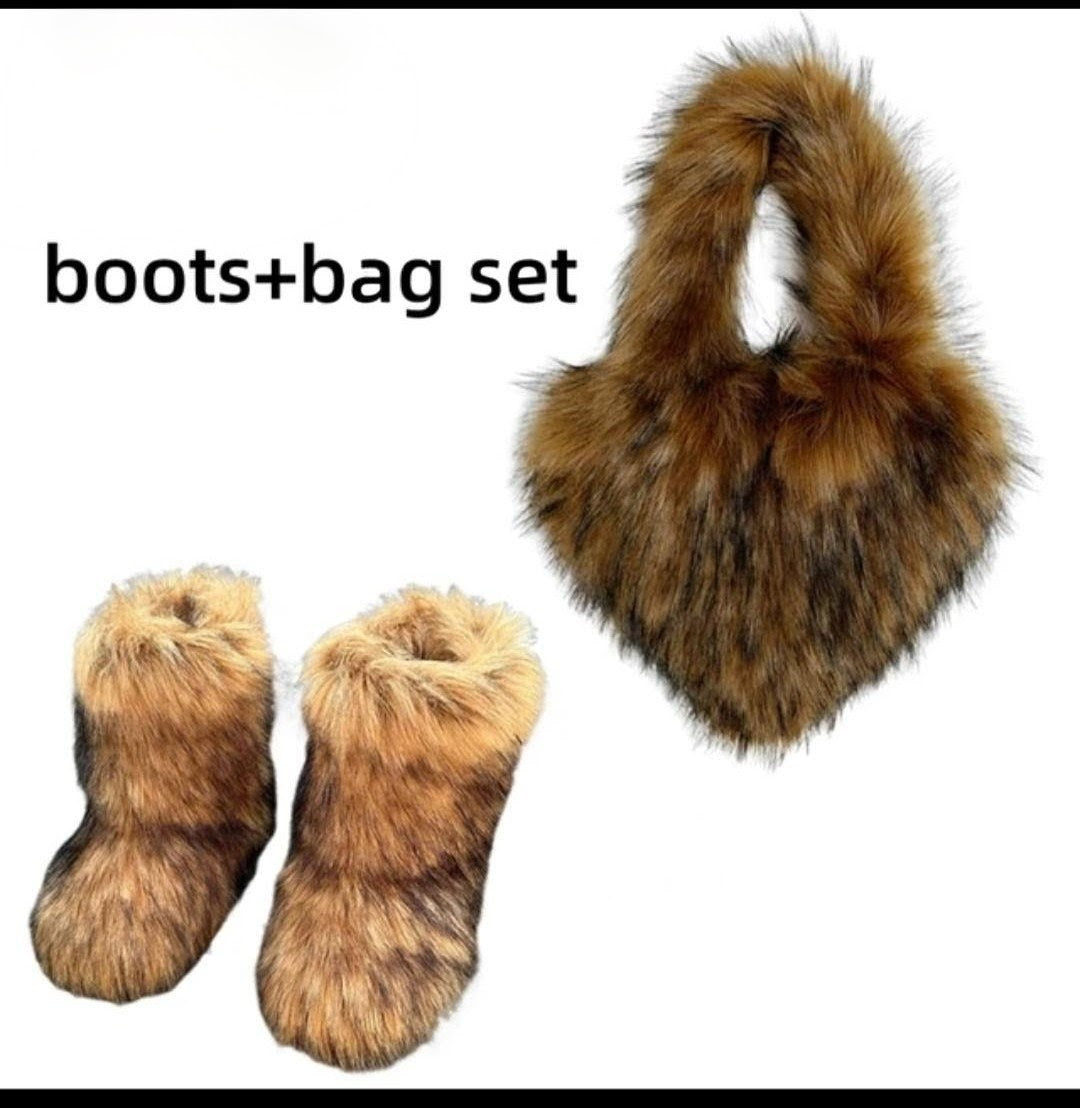 (Free Shipping)(Tariffs included in price) Girls Fluffy Faux Fox Fur Boots Winter Woman Plush Warm Snow Bootas Luxury Footwear Furry Fur Boots