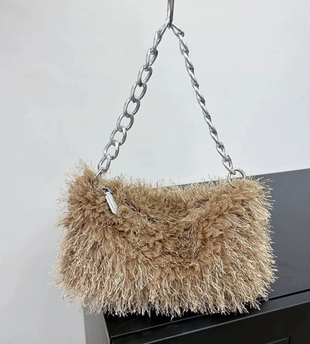 (Free Shipping) Plush Women's Hobos Underarm Bag Hot Girls Furry Clutch Shoulder Bag Luxury Faux Fur Female Fluffy Armpit Handbag