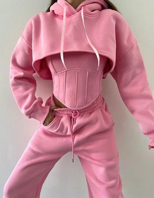Load image into Gallery viewer, (Free Shipping)(Tariffs included in price) This three-piece women's set includes a short hoodie, small vest, and belted sweatpants, featuring anti-pilling, breathable, and quick-dry properties.
