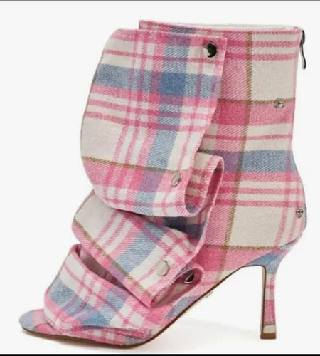 (Free Shipping) Summer Squared Open Toe High Heeled Short Boots Denim Colorful Plaid Ankle Pleated Upper Sandal Shoes