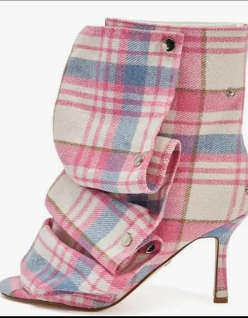 Load image into Gallery viewer, (Free Shipping) Summer Squared Open Toe High Heeled Short Boots Denim Colorful Plaid Ankle Pleated Upper Sandal Shoes
