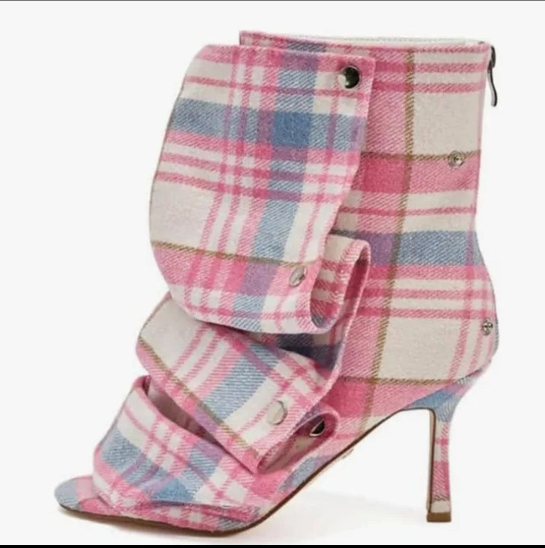 (Free Shipping) Summer Squared Open Toe High Heeled Short Boots Denim Colorful Plaid Ankle Pleated Upper Sandal Shoes