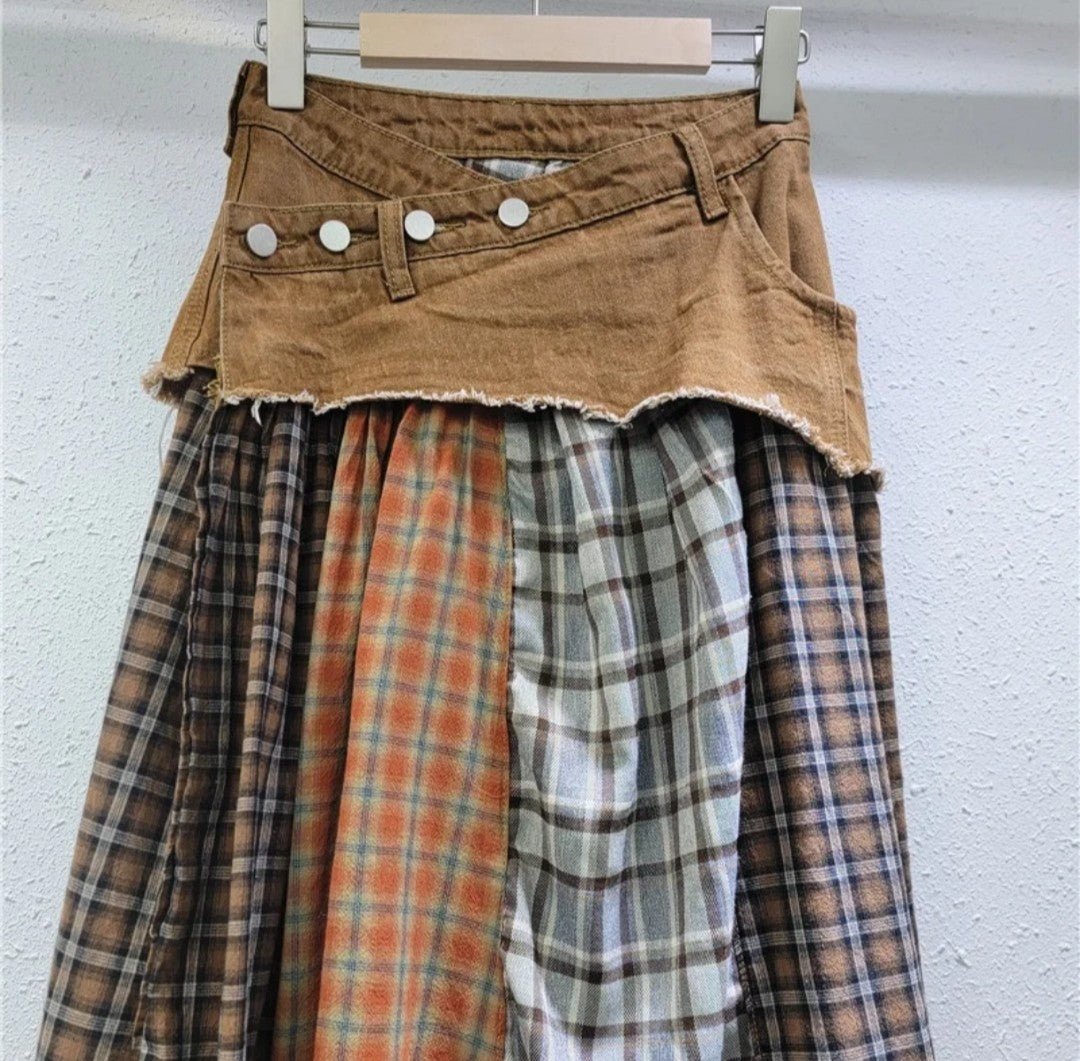 (Free Shipping)(Tariffs included in price) Irregular High Waist Casual Jean Plaid Skirt Women Long Denim Skirt